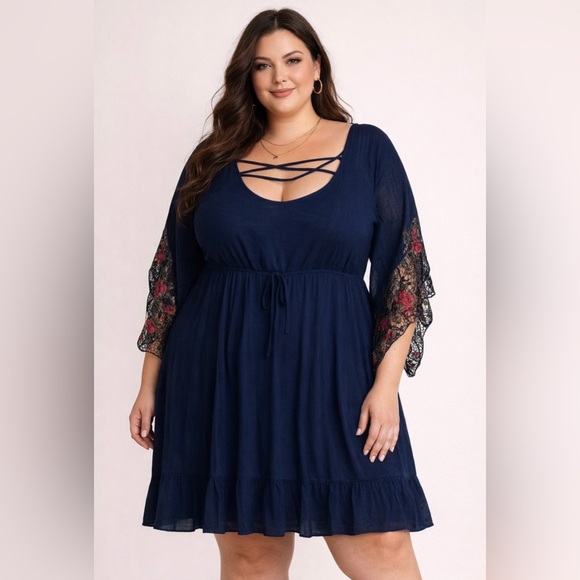 Kings Road Navy Blue Boho Midi Dress with Floral Lace Embroidered Sleeves 3X EUC - Picture 2 of 9